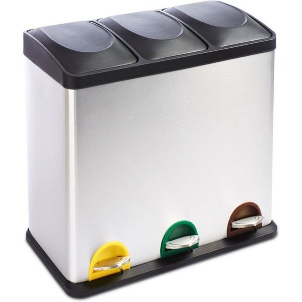 Floordirekt Mülleimer Küche, Trennsystem Brandon mit 3 Fächer, Edelstahl Abfalleimer, Farbmarkierungen für Mülltrennung - 3x 18 Liter – 54 Liter