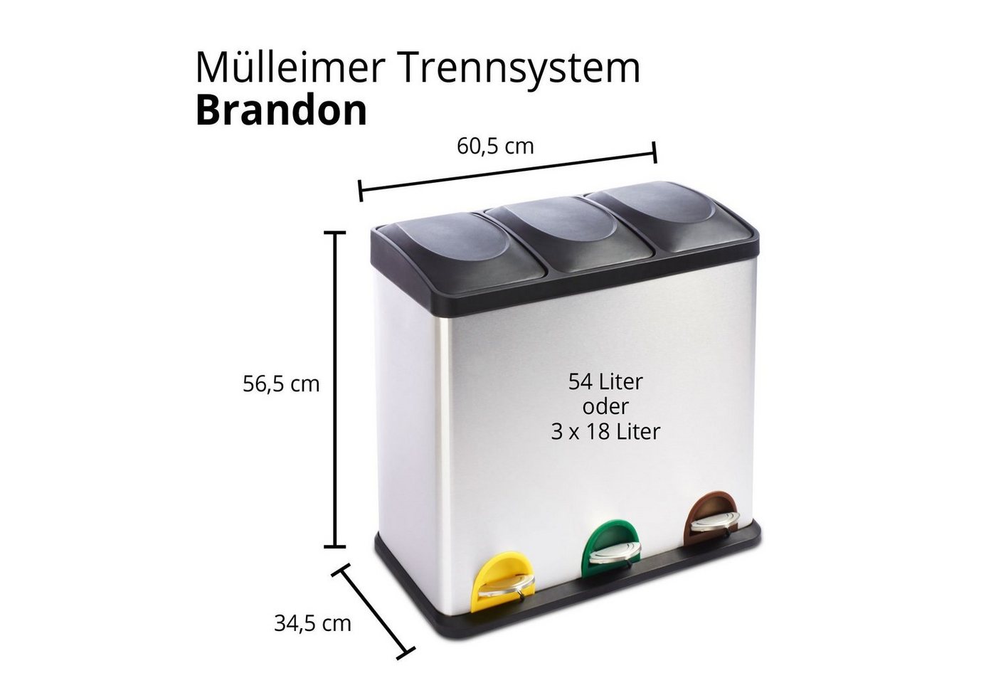Floordirekt Mülleimer Küche, Trennsystem Brandon mit 3 Fächer, Edelstahl Abfalleimer, Farbmarkierungen für Mülltrennung - 3x 18 Liter – 54 Liter – Bild 2 von 5