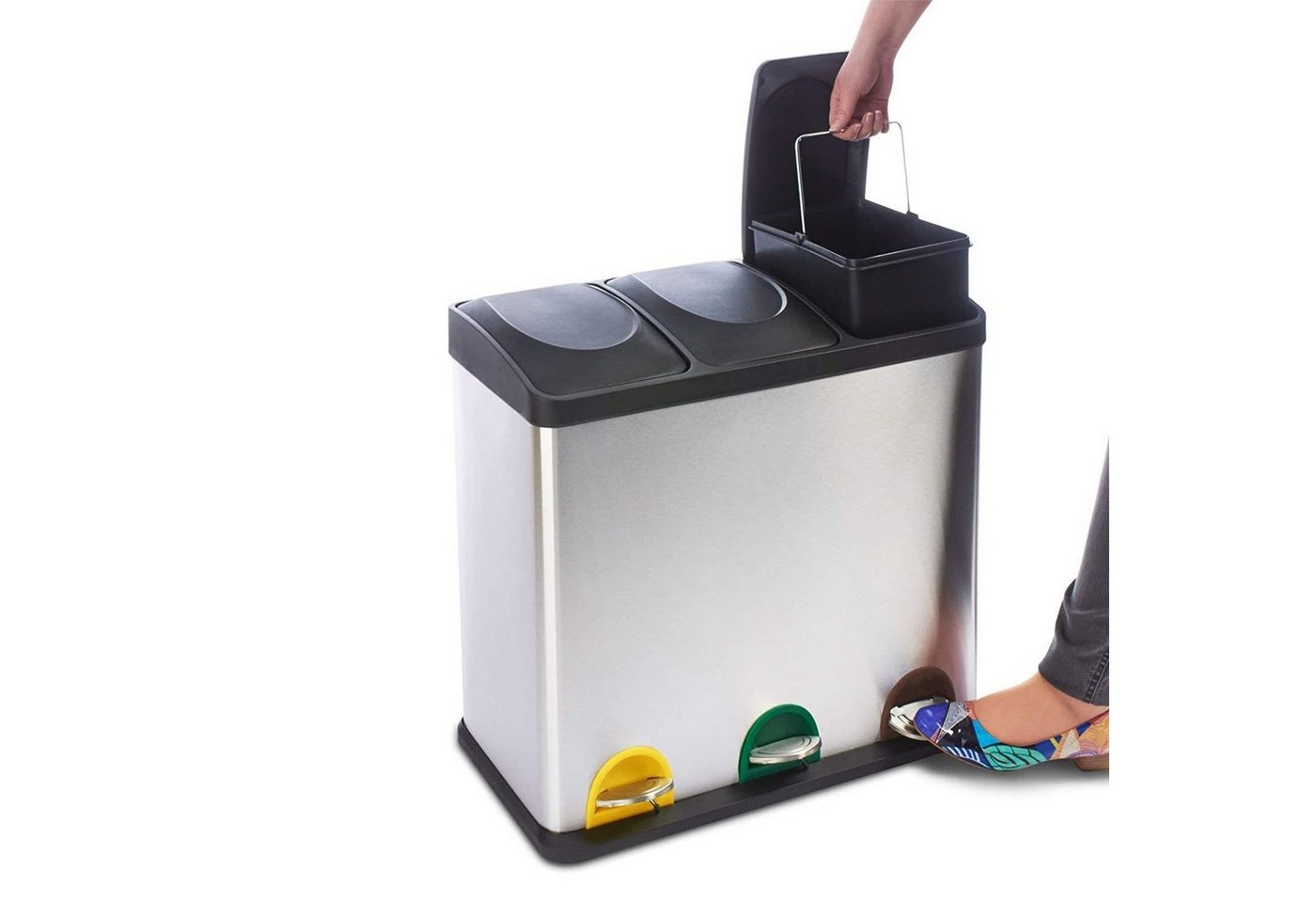 Floordirekt Mülleimer Küche, Trennsystem Brandon mit 3 Fächer, Edelstahl Abfalleimer, Farbmarkierungen für Mülltrennung - 3x 18 Liter – 54 Liter – Bild 5 von 5