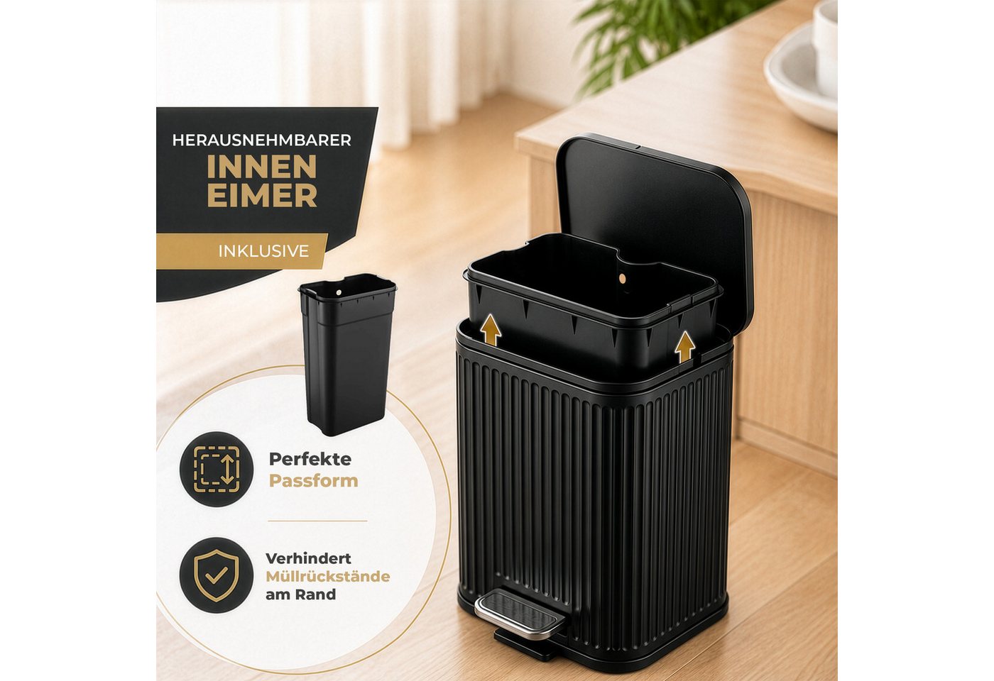 Floordirekt Mülleimer Miles mit Soft-Close-Deckel und herausnehmbarem Inneneimer, Soft-Close-Funktion, herausnehmbarer Inneneimer, Step-On-Fußpedal – Bild 3 von 5