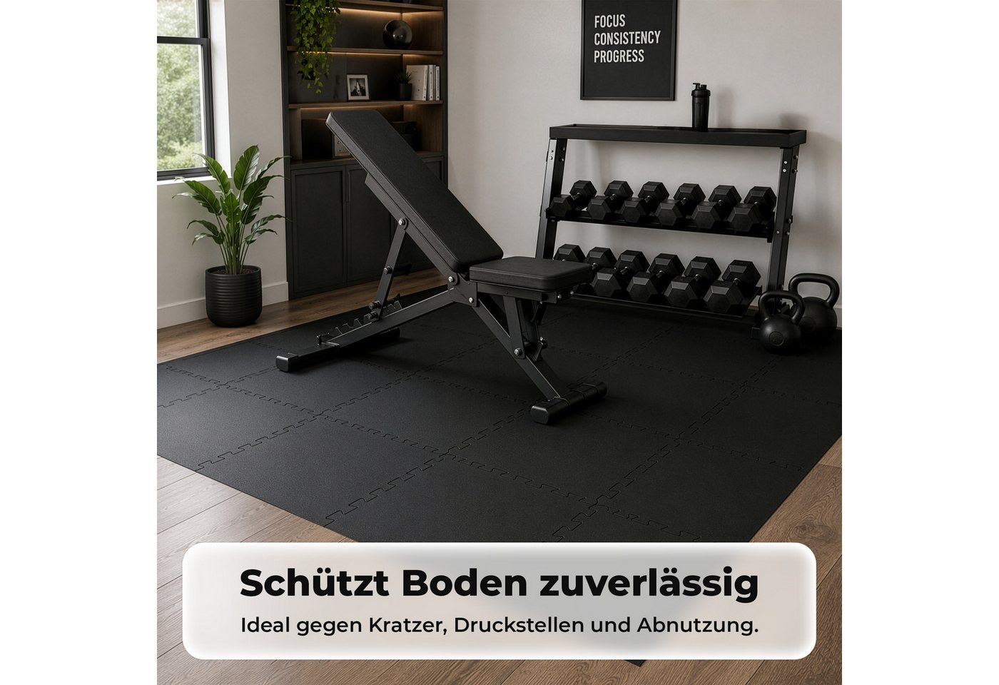 Floordirekt Sportmatte Gummi Steckmatte mit V-Interlocking-System für Fitnessgeräte, Erweiterbares Stecksystem, Geräuschreduzierend – Bild 4 von 5