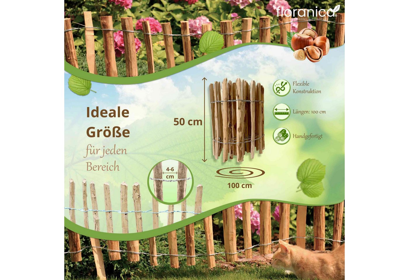 Floranica Staketenzaun Gartenzaun aus Haselnuss oder Kastanie, Steckzaun, Rollzaun, (L / H 100 x 50 cm, 1-St., Lattenafstand 4-6 cm), als Grundstücksgrenze, Hüh – Bild 2 von 5