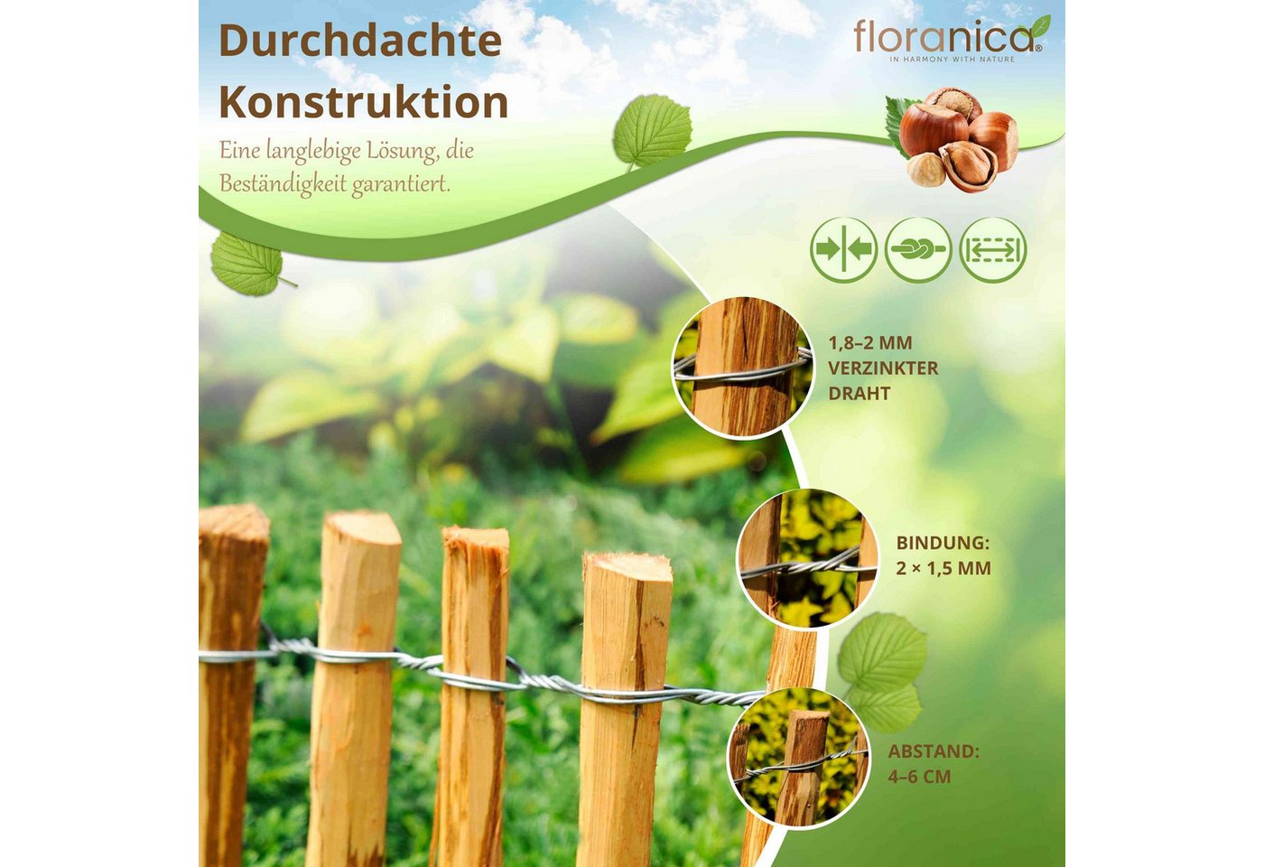 Floranica Staketenzaun Gartenzaun aus Haselnuss oder Kastanie, Steckzaun, Rollzaun, (L / H 100 x 50 cm, 1-St., Lattenafstand 4-6 cm), als Grundstücksgrenze, Hüh – Bild 3 von 5