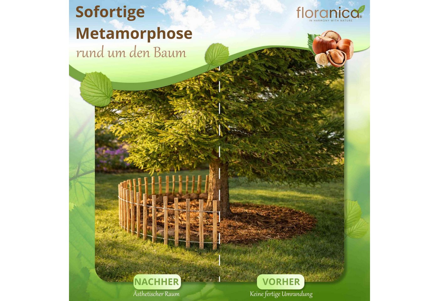 Floranica Staketenzaun Gartenzaun aus Haselnuss oder Kastanie, Steckzaun, Rollzaun, (L / H 100 x 50 cm, 1-St., Lattenafstand 4-6 cm), als Grundstücksgrenze, Hüh – Bild 4 von 5