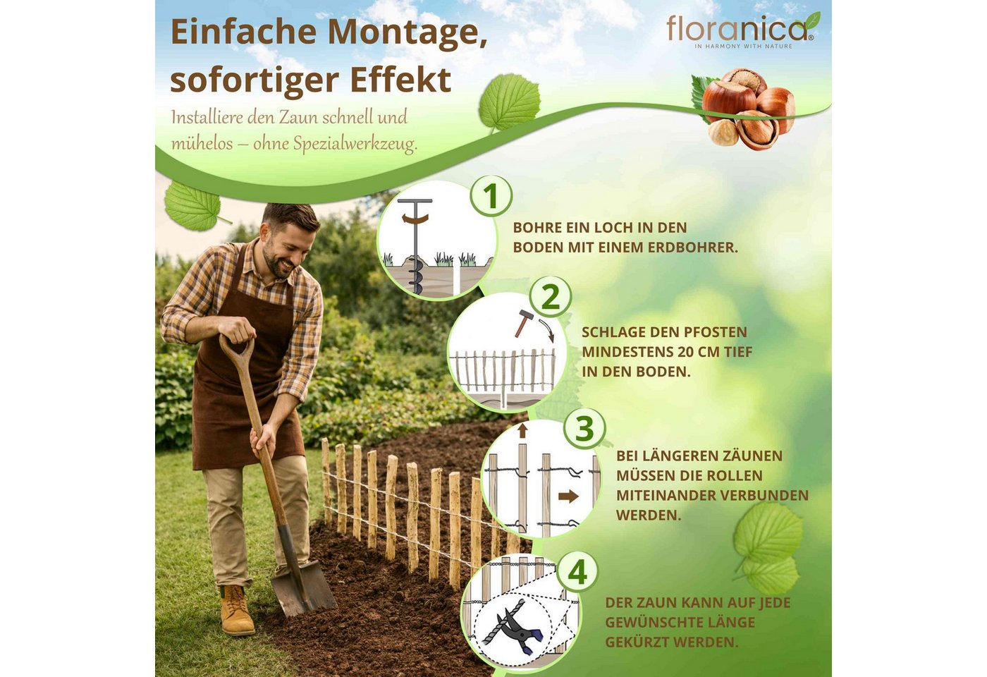 Floranica Staketenzaun Gartenzaun aus Haselnuss oder Kastanie, Steckzaun, Rollzaun, (L / H 100 x 50 cm, 1-St., Lattenafstand 4-6 cm), als Grundstücksgrenze, Hüh – Bild 5 von 5