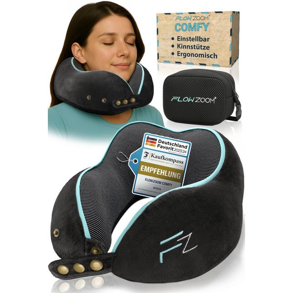 FLOWZOOM Nackenhörnchen COMFY Nackenkissen Flugzeug & Auto – Reisekissen Memory-Schaum, Nackenhörnchen für Erwachsene - Nackenkissen Reisen - verstellbar