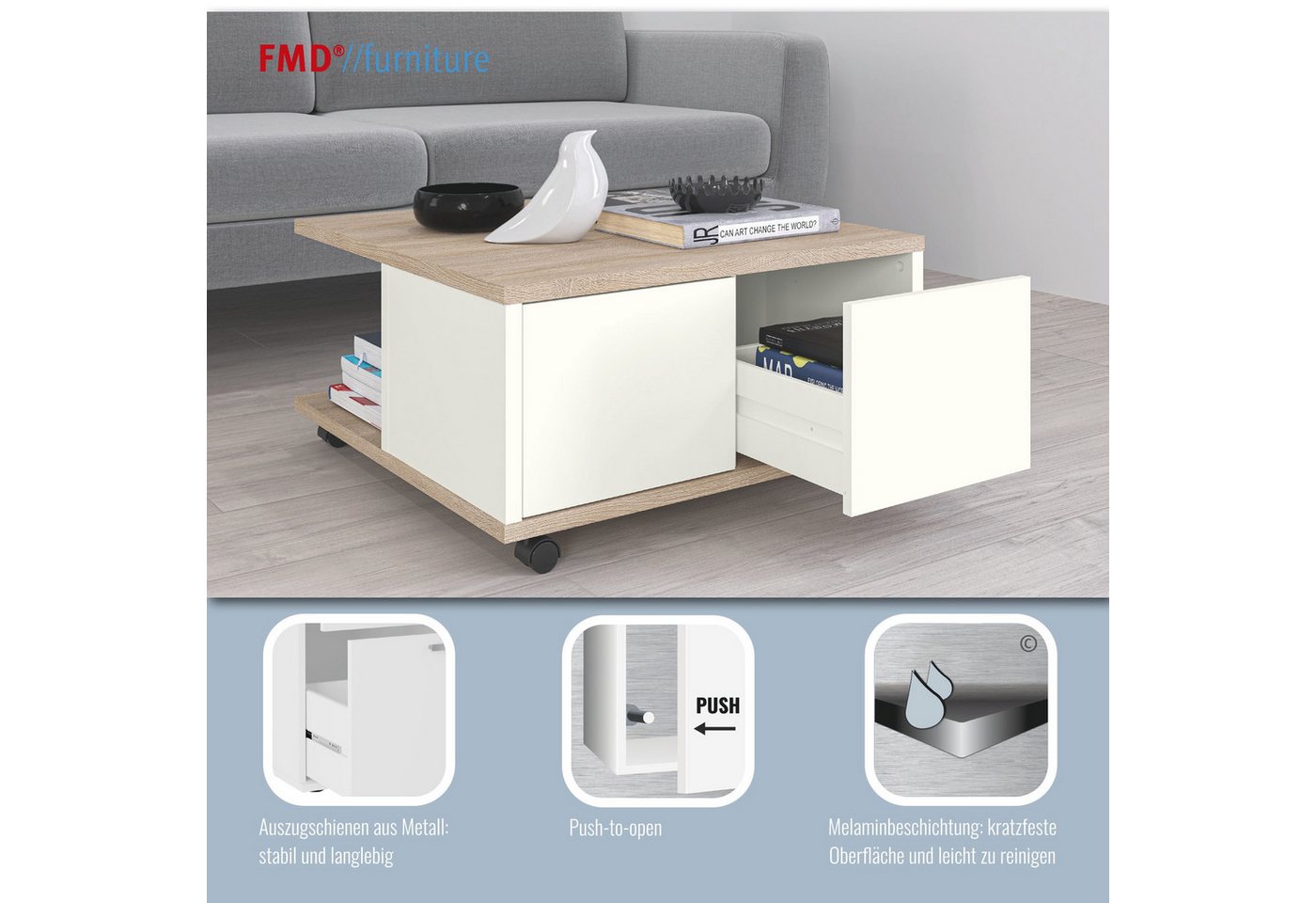 FMD Couchtisch Twin, Sofatisch mit Rollen, Push-to-open, viel Stauraum, Breite: 70 cm – Bild 3 von 5