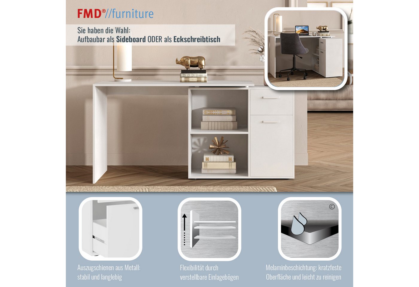FMD Eckschreibtisch AUGSBURG, Schreibtisch/ Sideboard m. Stauraum, beids. montierb., 117 oder 148 cm – Bild 5 von 5