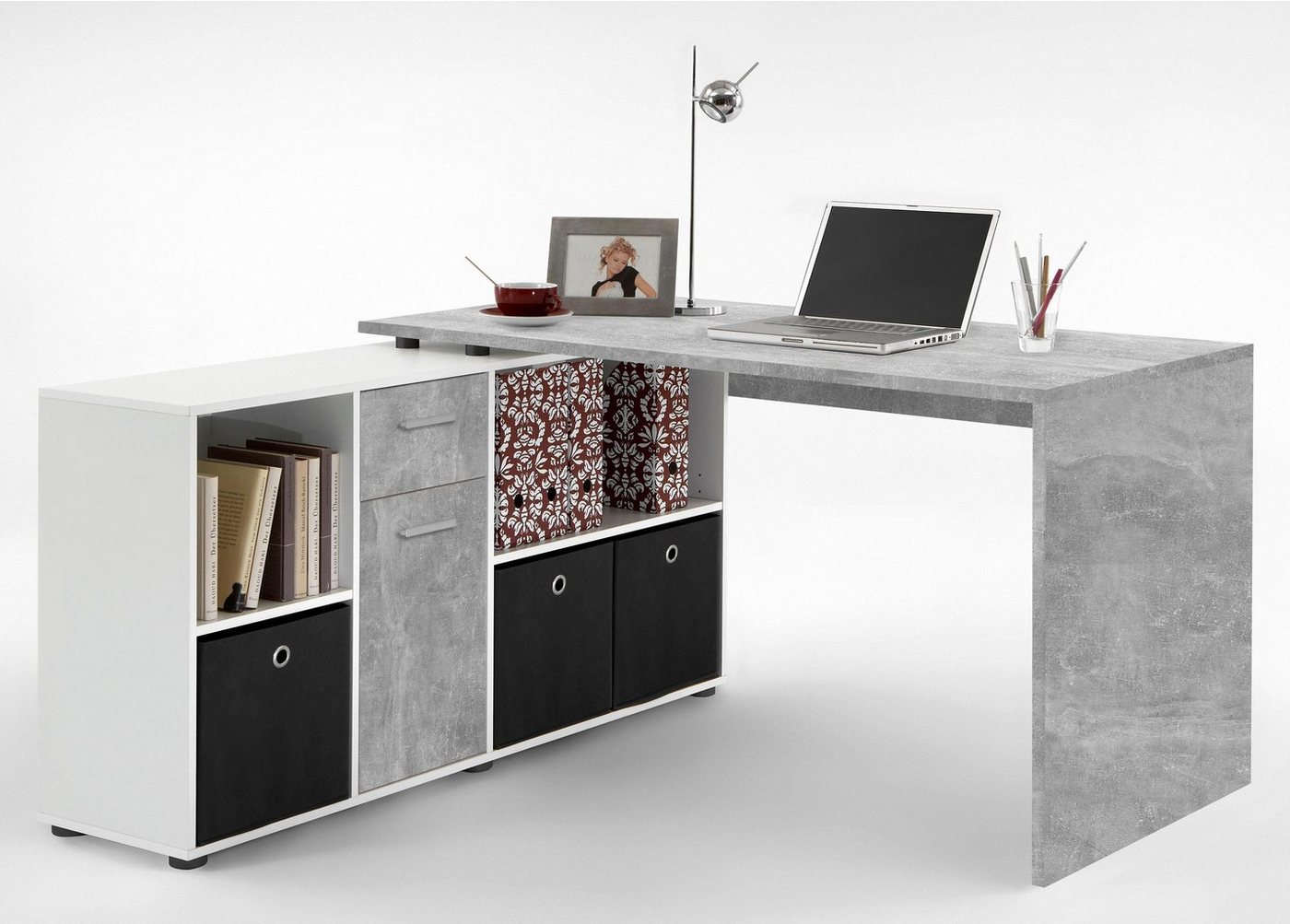 FMD Eckschreibtisch Lexo, Schreibtisch/Sideboard viel Stauraum, beidseitig montierb., 136/205 cm – Bild 4 von 5