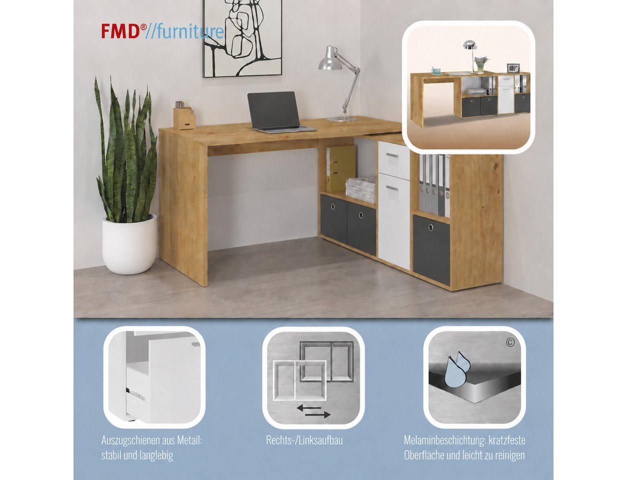 FMD Eckschreibtisch Lexo, Schreibtisch/Sideboard viel Stauraum, beidseitig montierb., 136/205 cm – Bild 3 von 5