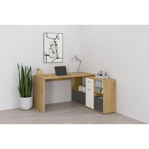 FMD Eckschreibtisch Lexo, Schreibtisch/Sideboard viel Stauraum, beidseitig montierb., 136/205 cm