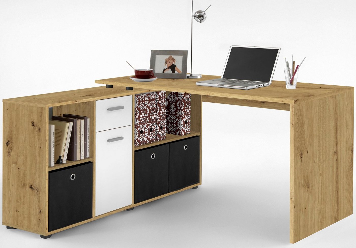 FMD Eckschreibtisch Lexo, Schreibtisch/Sideboard viel Stauraum, beidseitig montierb., 136/205 cm – Bild 4 von 5