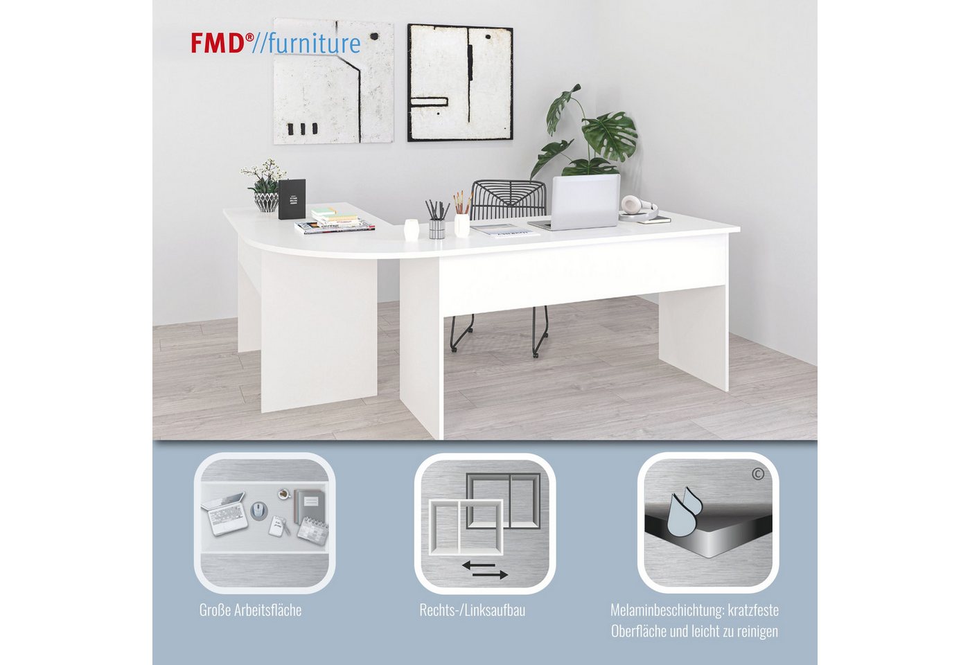 FMD Eckschreibtisch Tiell, Winkelschreibtisch, Bürotisch, beidseitig montierbar, 205/155 cm – Bild 3 von 5