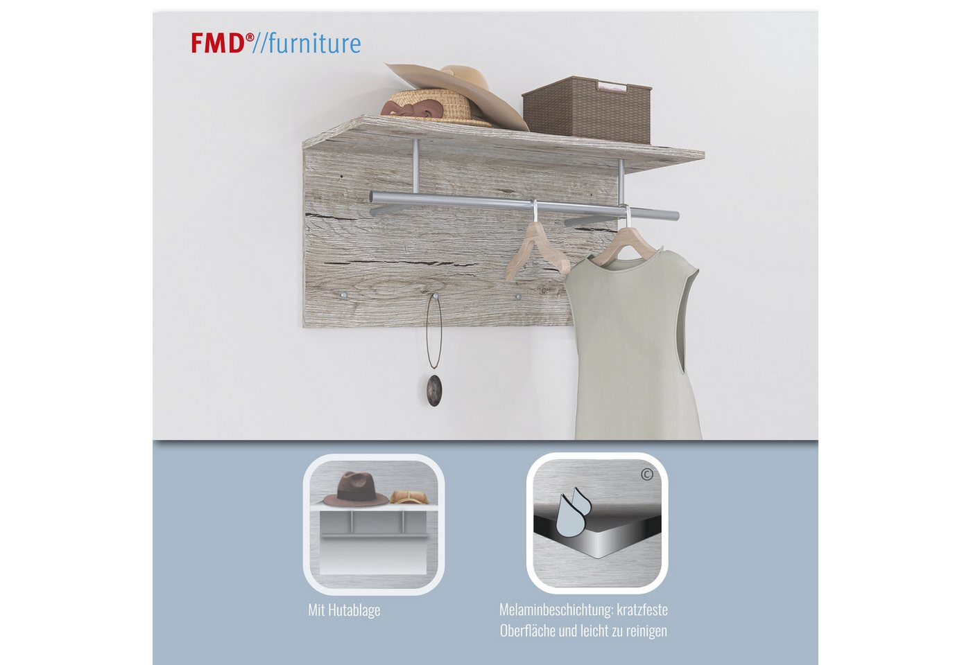 FMD Garderobenpaneel Spot, Wandgarderobe mit Kleiderstange, Ablage und vier Haken, Breite 72 cm – Bild 3 von 5