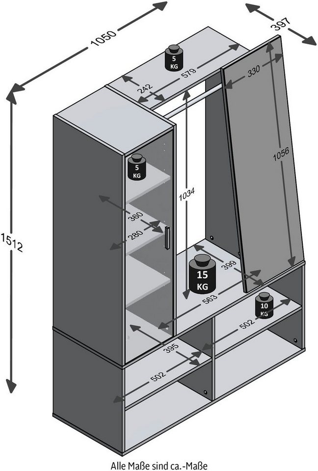 FMD Kompaktgarderobe Auma mit Tür, Spiegel, Kleiderstange und Ablagefächern, Breite 105 cm – Bild 5 von 5