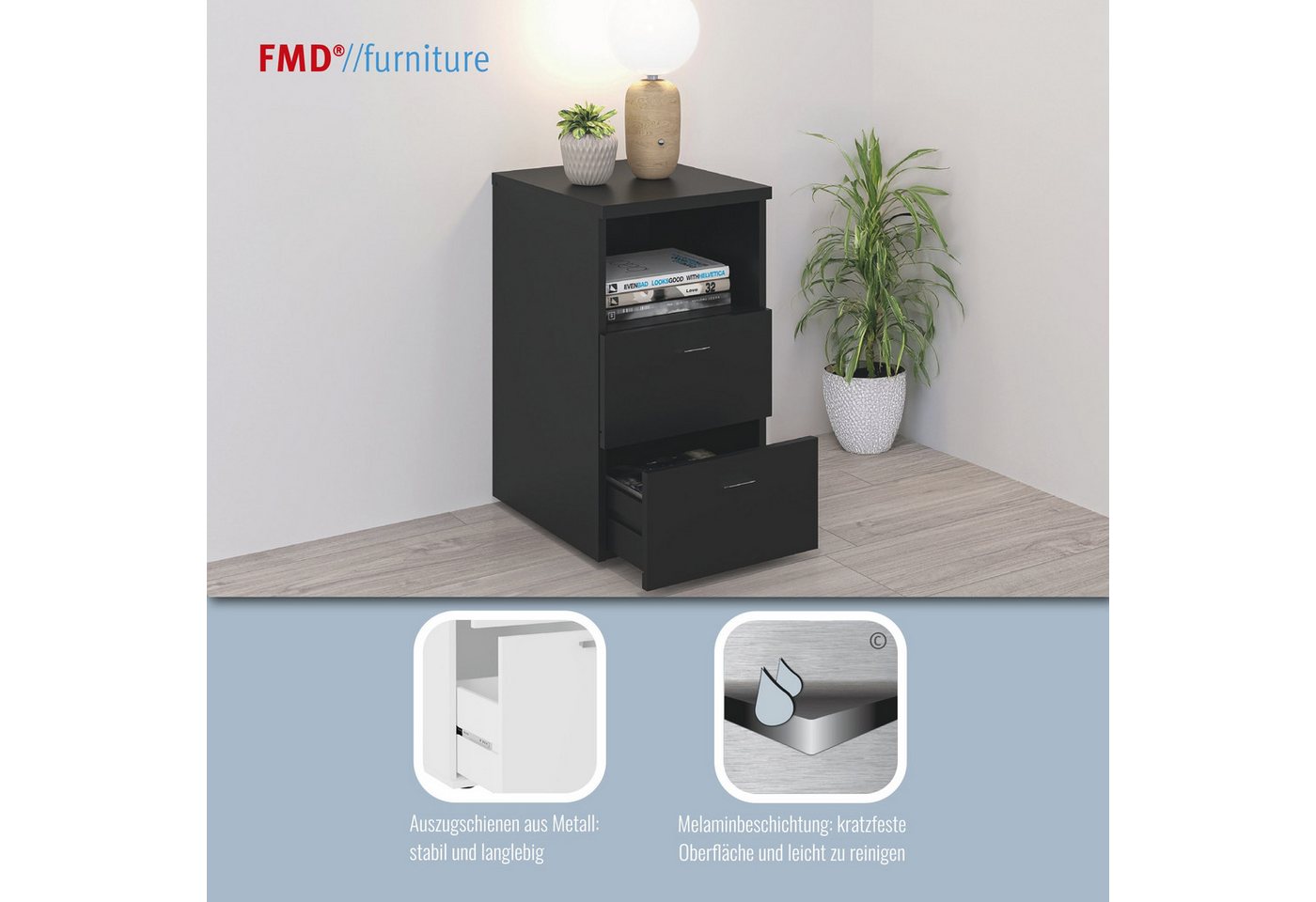 FMD Nachtkonsole Suva, Nachttisch m. 2 Schubkästen und offenem Fach, 60 cm hoch, 35 cm breit – Bild 3 von 5