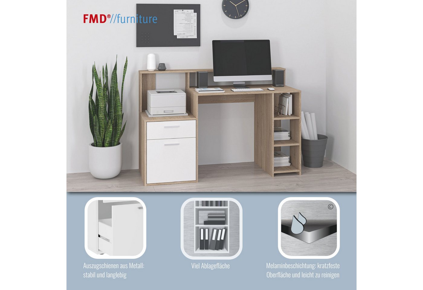 FMD Regal-Schreibtisch Bolton, Schreibtisch mit Stauraum und Ablage, offene Fächer, Breite 138,5 cm – Bild 3 von 5