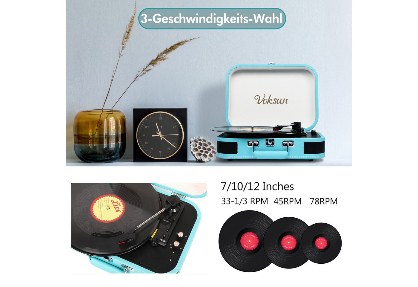 Fofile Plattenspieler Koffer, 3-Gang, Stereo, Kofferplattenspieler Plattenspieler (Bluetooth, USB-Digitalisierung, RCA/AUX, Tragekoffer, Retro-Design) – Bild 3 von 5