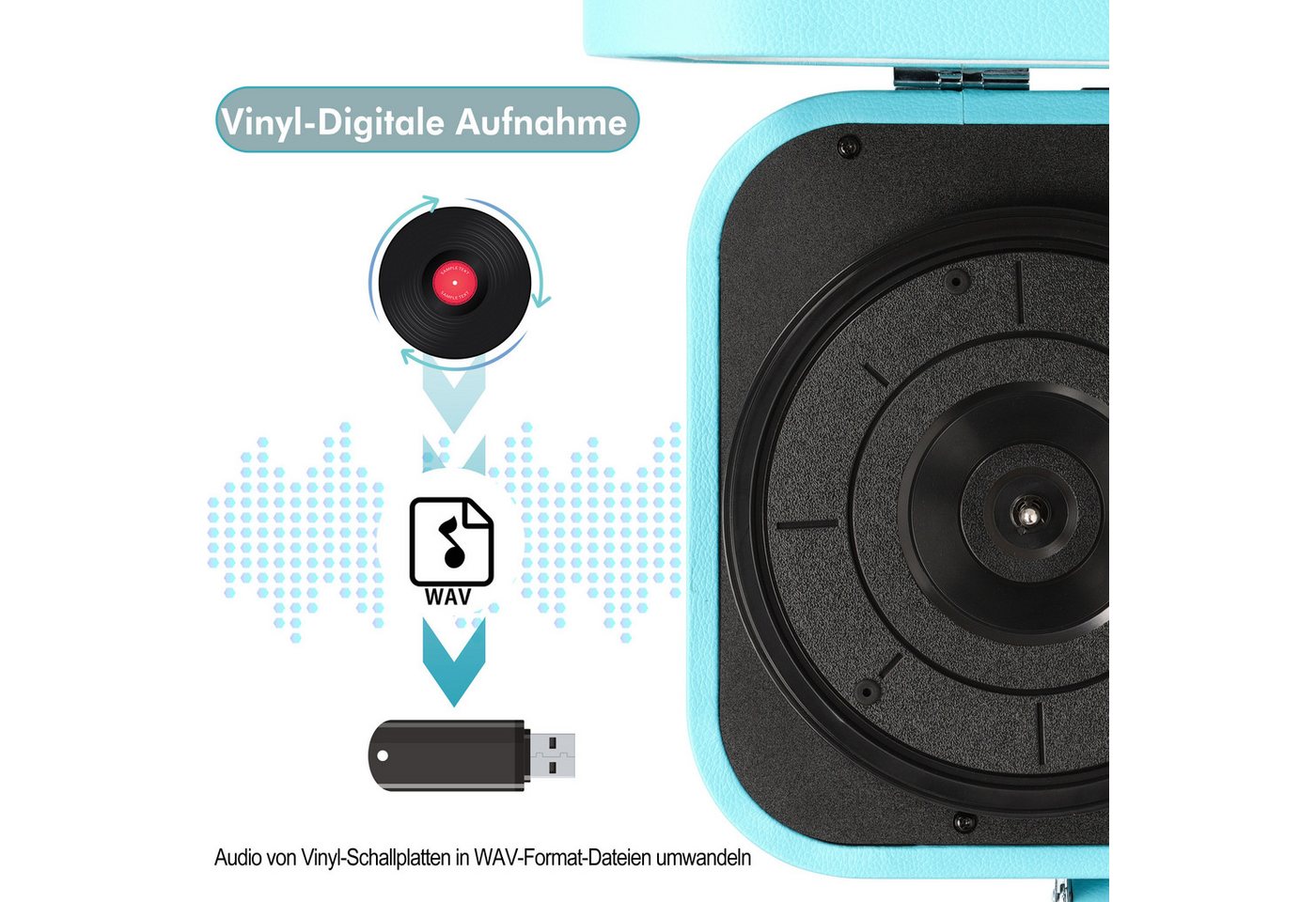 Fofile Plattenspieler Koffer, 3-Gang, Stereo, Kofferplattenspieler Plattenspieler (Bluetooth, USB-Digitalisierung, RCA/AUX, Tragekoffer, Retro-Design) – Bild 5 von 5