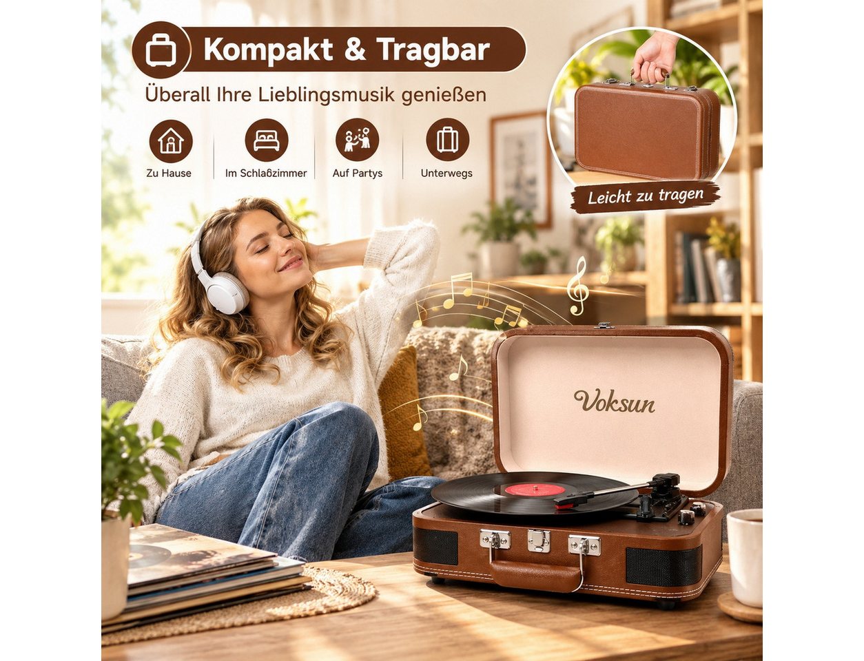 Fofile Plattenspieler Koffer, 3-Gang, Stereo, Kofferplattenspieler Plattenspieler (Bluetooth, USB-Digitalisierung, RCA/AUX, Tragekoffer, Retro-Design) – Bild 2 von 5