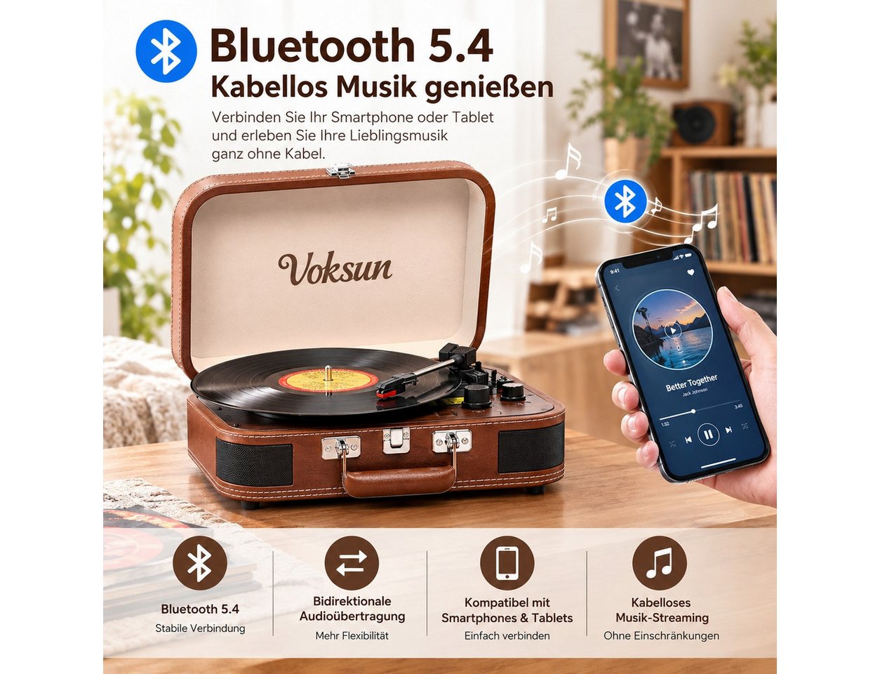 Fofile Plattenspieler Koffer, 3-Gang, Stereo, Kofferplattenspieler Plattenspieler (Bluetooth, USB-Digitalisierung, RCA/AUX, Tragekoffer, Retro-Design) – Bild 3 von 5