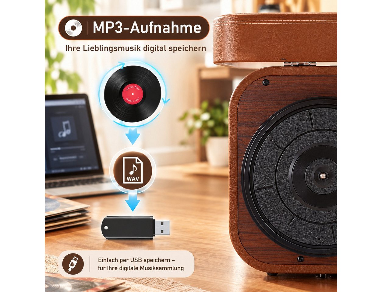 Fofile Plattenspieler Koffer, 3-Gang, Stereo, Kofferplattenspieler Plattenspieler (Bluetooth, USB-Digitalisierung, RCA/AUX, Tragekoffer, Retro-Design) – Bild 4 von 5