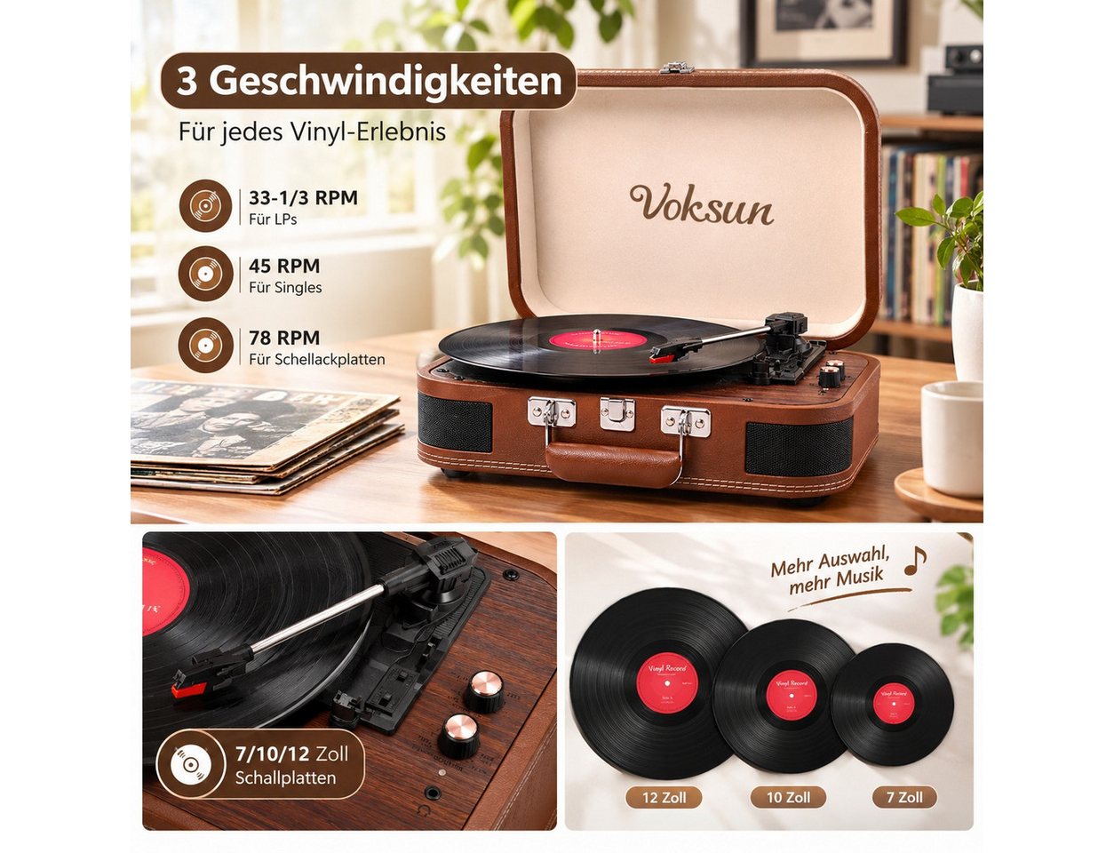 Fofile Plattenspieler Koffer, 3-Gang, Stereo, Kofferplattenspieler Plattenspieler (Bluetooth, USB-Digitalisierung, RCA/AUX, Tragekoffer, Retro-Design) – Bild 5 von 5