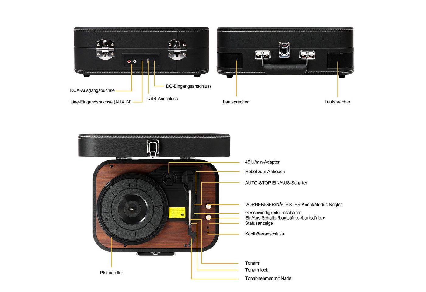 Fofile Plattenspieler Koffer, 3-Gang, Stereo, Kofferplattenspieler Plattenspieler (Bluetooth, USB-Digitalisierung, RCA/AUX, Tragekoffer, Retro-Design) – Bild 2 von 5