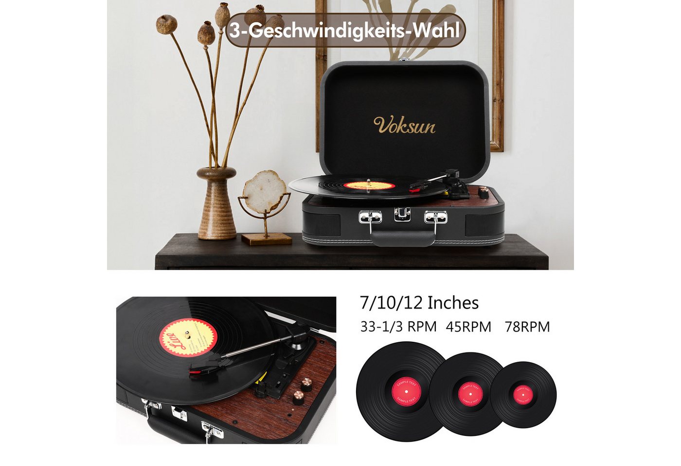 Fofile Plattenspieler Koffer, 3-Gang, Stereo, Kofferplattenspieler Plattenspieler (Bluetooth, USB-Digitalisierung, RCA/AUX, Tragekoffer, Retro-Design) – Bild 3 von 5