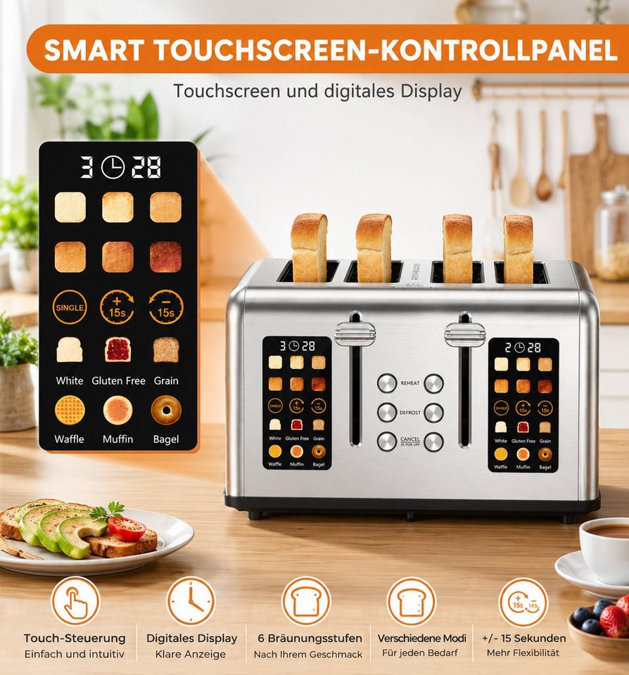 Fofile Toaster 2/4 Scheiben LED Anzeige Abbruch-, Auftau- & Aufwärmfunktion, 4 kurze Schlitze, für 4 Scheiben, 1760 W, 1760W, 6 Bräunungsstufen & Brotsorten, La – Bild 2 von 5