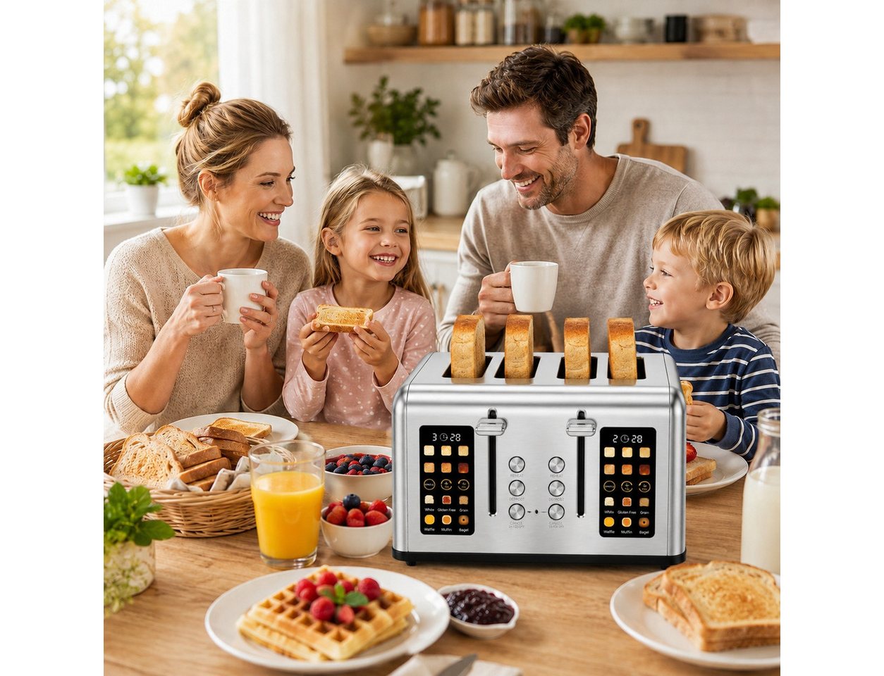 Fofile Toaster 2/4 Scheiben LED Anzeige Abbruch-, Auftau- & Aufwärmfunktion, 4 kurze Schlitze, für 4 Scheiben, 1760 W, 1760W, 6 Bräunungsstufen & Brotsorten, La – Bild 3 von 5