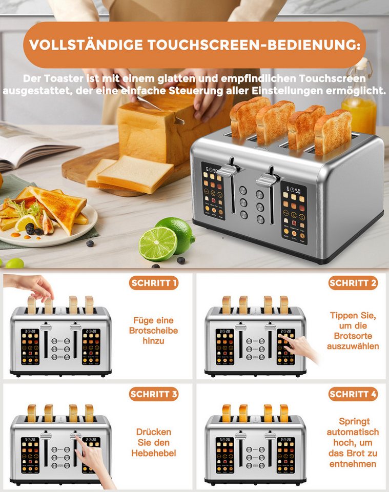 Fofile Toaster 2/4 Scheiben LED Anzeige Abbruch-, Auftau- & Aufwärmfunktion, 4 kurze Schlitze, für 4 Scheiben, 1760 W, 1760W, 6 Bräunungsstufen & Brotsorten, La – Bild 5 von 5