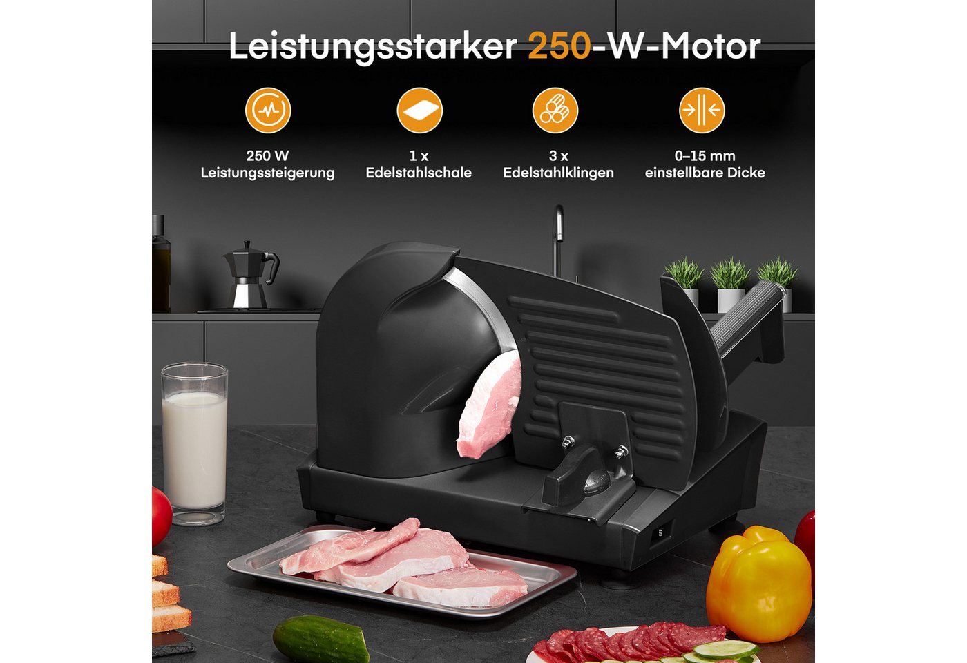FOHERE Allesschneider Elektrischer 250W, Edelstahl Brotschneidemaschine elektrisch, 250 W, 3 Klingen, verstellbare Küchenmaschine 0 bis 15mm, geeignet für Küche – Bild 5 von 5
