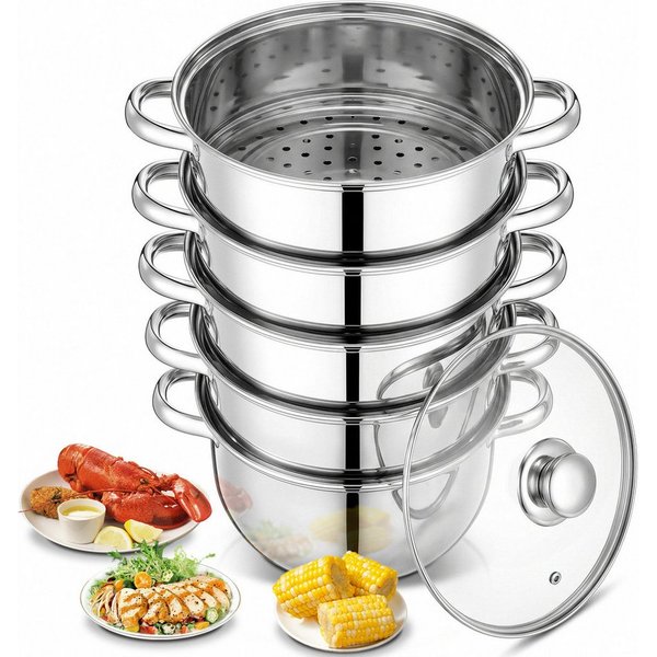 FOHERE Dampfgartopf Dampftopf Edelstahl Ø 26 cm, aus Edelstahl 18/10, für Alle Herdarten, Edelstahl (Set, auch Induktion), 5 In 1 mit Dampfeinsatz und Glasdecke