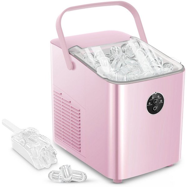 FOHERE Eiswürfelmaschine Klein, 14kg/24h, 6 Min. Eis, 2 Bullet Ice Größen, selbstreinigend, Party/Büro, rosa