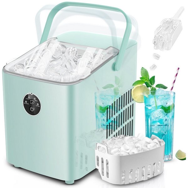 FOHERE Eiswürfelmaschine Klein, 14kg/24h, 6 Min. Eis, 2 Bullet Ice Größen, selbstreinigend, Party/Büro, grün