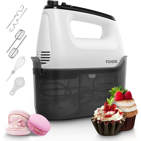 FOHERE Handmixer 6 Geschwindigkeiten plus Turbo, 6 Zubehörteile Edelstahl, 400 W, Aufbewahrungsbox, vertikales Design