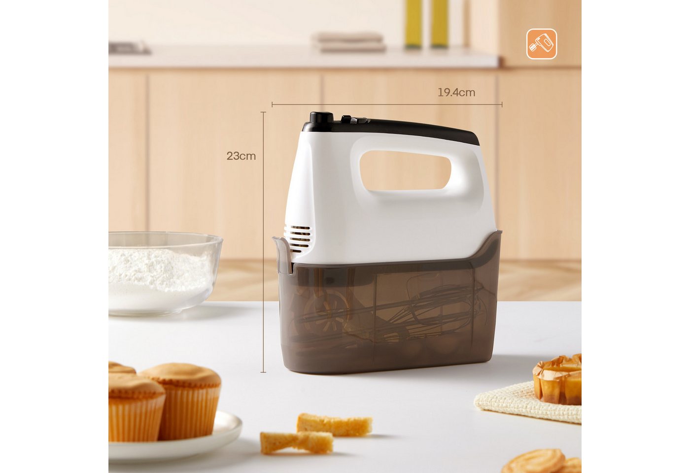 FOHERE Handmixer 6 Geschwindigkeiten plus Turbo, 6 Zubehörteile Edelstahl, 400 W, Aufbewahrungsbox, vertikales Design – Bild 2 von 5