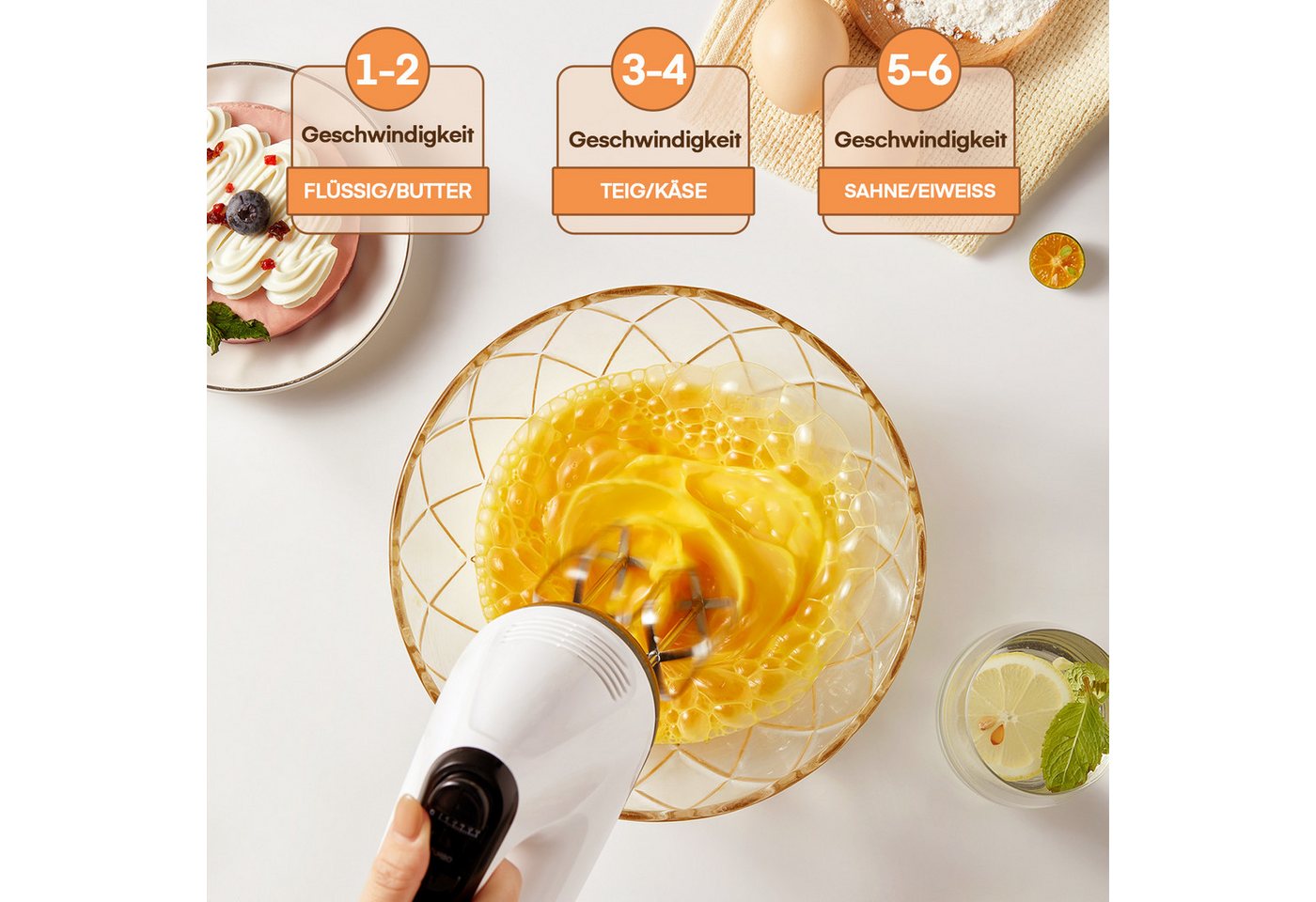 FOHERE Handmixer 6 Geschwindigkeiten plus Turbo, 6 Zubehörteile Edelstahl, 400 W, Aufbewahrungsbox, vertikales Design – Bild 3 von 5