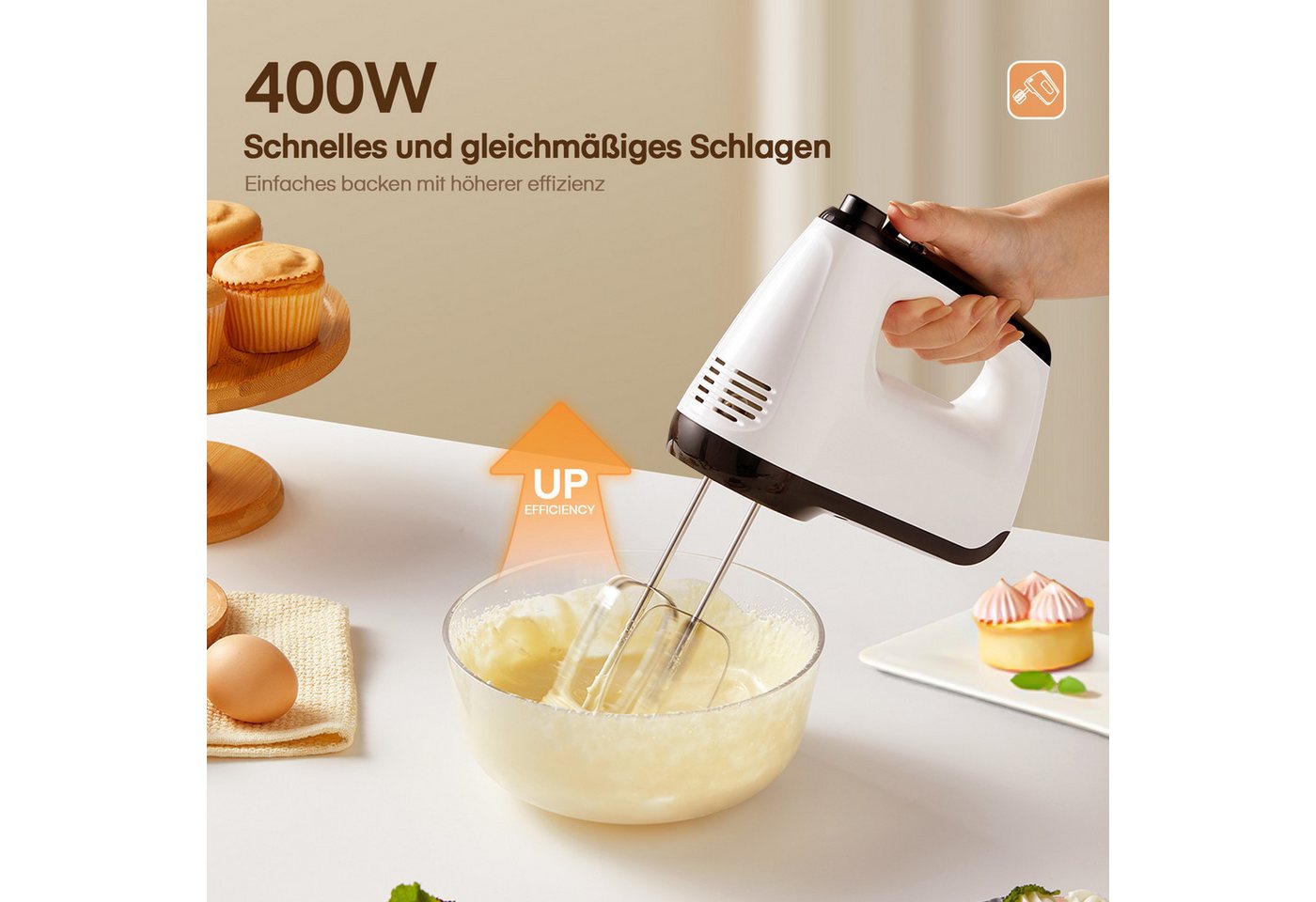 FOHERE Handmixer 6 Geschwindigkeiten plus Turbo, 6 Zubehörteile Edelstahl, 400 W, Aufbewahrungsbox, vertikales Design – Bild 4 von 5