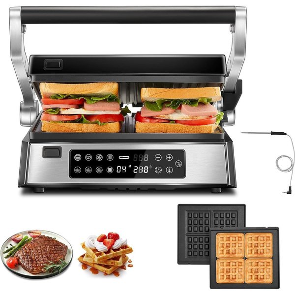 FOHERE Kontaktgrill 4 in 1, Paninimaker, Multifunktions-Waffeleisen & Sandwichmaker, 2200 W, mit 8 Programme, abnehmbaren Platten und LED-Diaplay