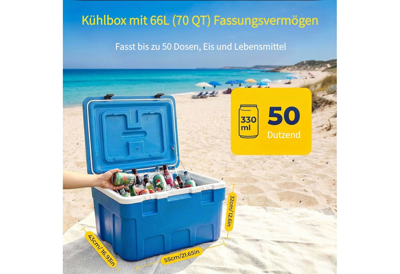 FOHERE Kühlbox 66 Liter ohne Strom, tragbar, hält Eis bis zu 4 Tage kalt, Blau – Bild 3 von 5