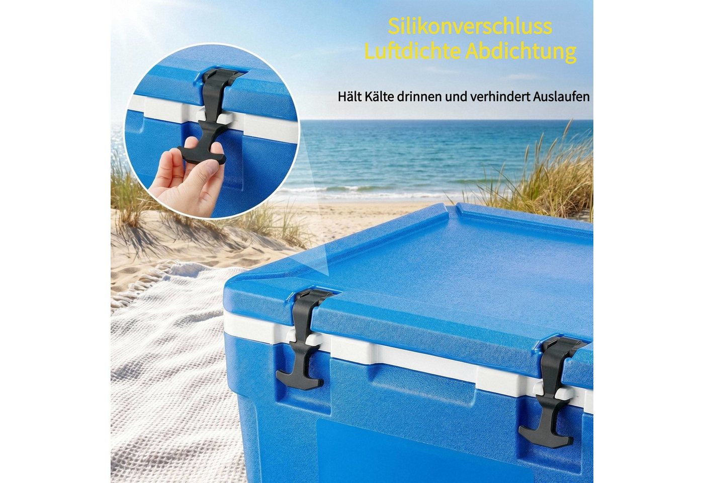 FOHERE Kühlbox 66 Liter ohne Strom, tragbar, hält Eis bis zu 4 Tage kalt, Blau – Bild 5 von 5