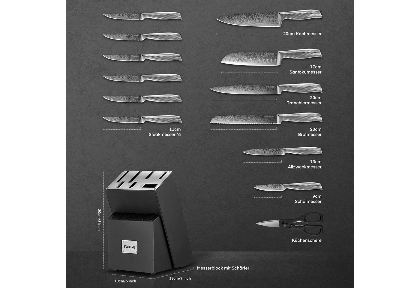 FOHERE Messer-Set 14-teilig Messerblock mit rutschfestem Griff und Messerblock (Set, 14-tlg), mit hoher Härte und Textur – Bild 2 von 5