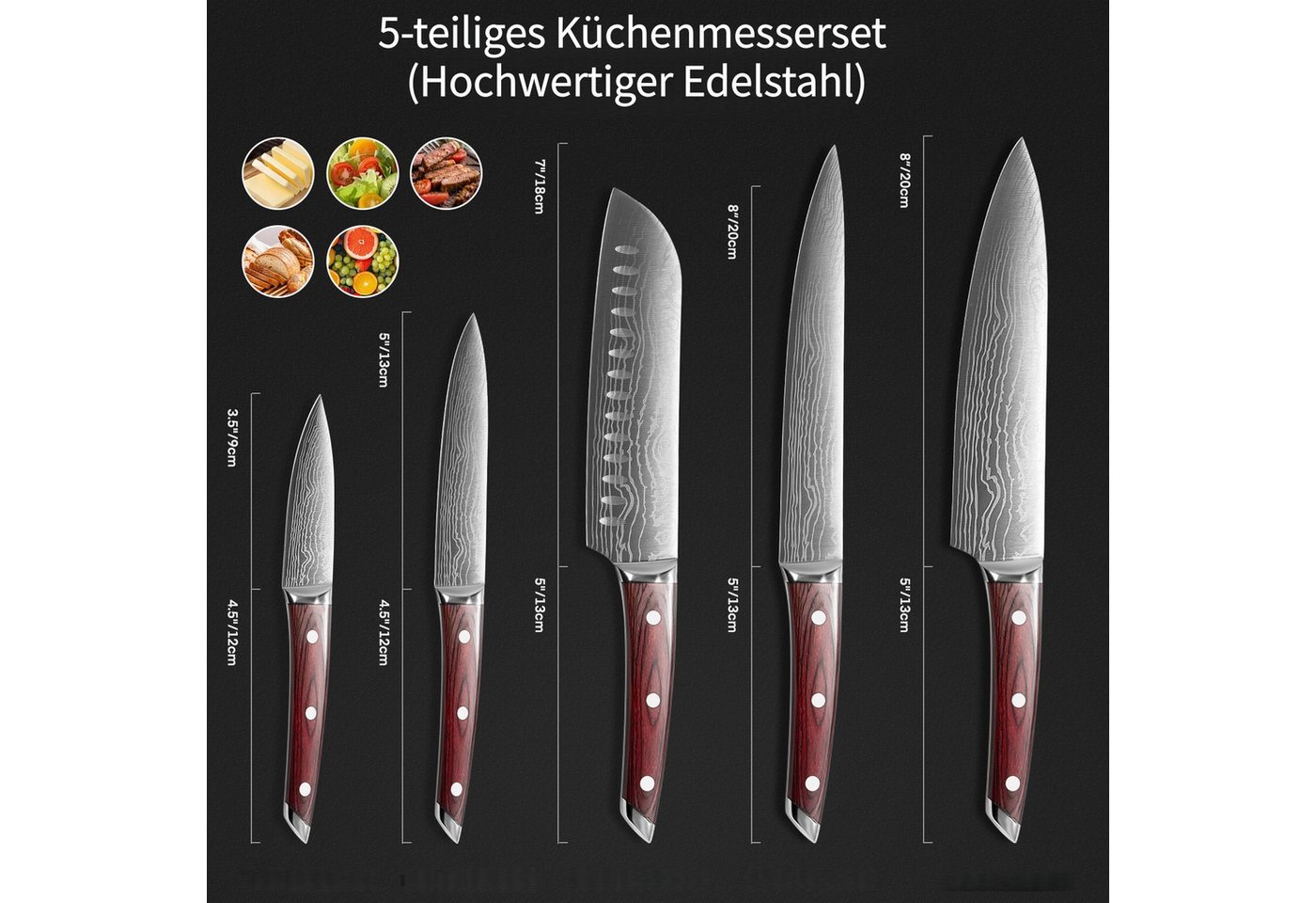 FOHERE Messer-Set 5-teilig Ultra Scharfes Küchenmesser Set, mit Geschenkbox (5-tlg) – Bild 2 von 5