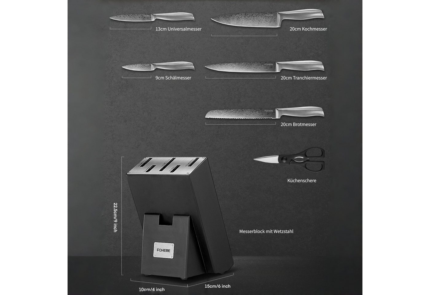 FOHERE Messer-Set 7-teilig Messerblock Rutschfester Griff aus EdelstahMesserblock (Set, 7-tlg) – Bild 5 von 5