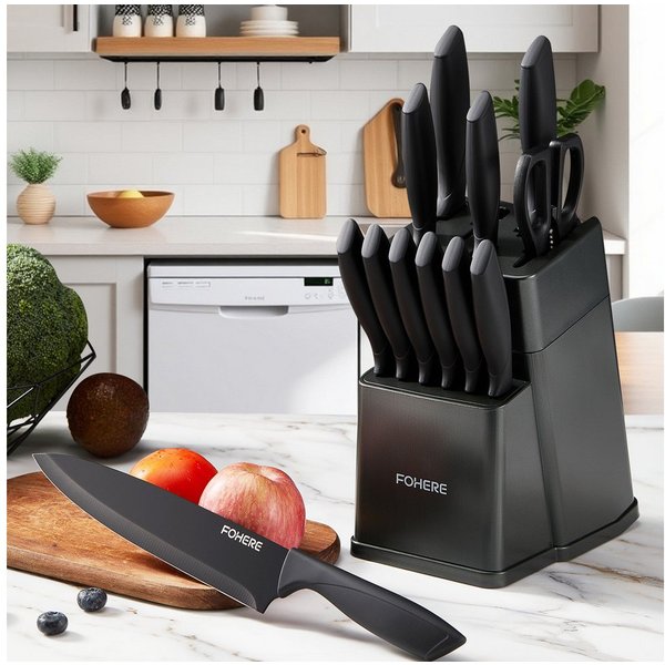 FOHERE Messer-Set aus hochwertigem Edelstahl, mit ergonomischen Griffen (13-tlg), Inkl. integriertem Schärfblock, spülmaschinenfest