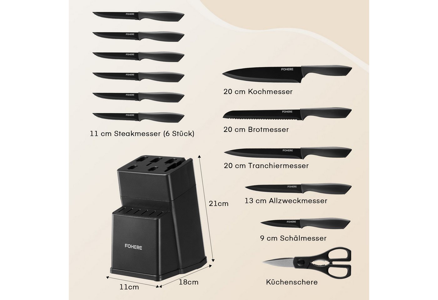 FOHERE Messer-Set aus hochwertigem Edelstahl, mit ergonomischen Griffen (13-tlg), Inkl. integriertem Schärfblock, spülmaschinenfest – Bild 2 von 5