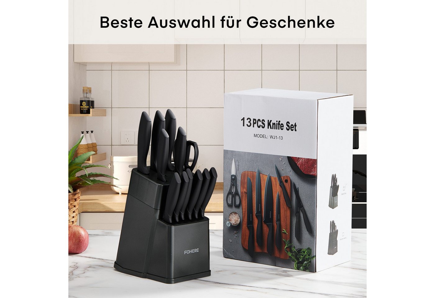 FOHERE Messer-Set aus hochwertigem Edelstahl, mit ergonomischen Griffen (13-tlg), Inkl. integriertem Schärfblock, spülmaschinenfest – Bild 3 von 5