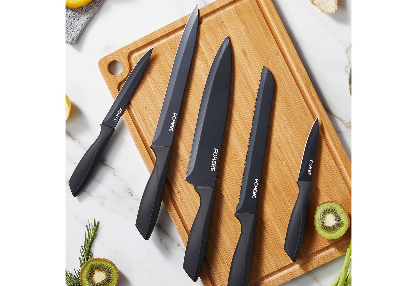 FOHERE Messer-Set aus hochwertigem Edelstahl, mit ergonomischen Griffen (13-tlg), Inkl. integriertem Schärfblock, spülmaschinenfest – Bild 4 von 5